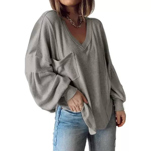 BTFBM Womens Casual V Neck Ribbed Knit Shirts 2024 Fall Pullover Tunic Tops Loose Balloon Long Sleeve Blouses TopSolid Grey