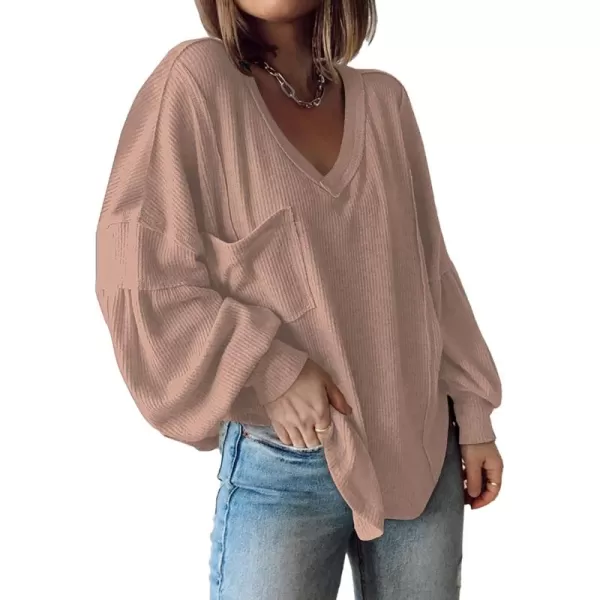 BTFBM Womens Casual V Neck Ribbed Knit Shirts 2024 Fall Pullover Tunic Tops Loose Balloon Long Sleeve Blouses TopSolid Khaki