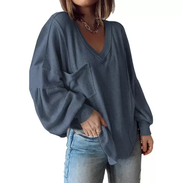 BTFBM Womens Casual V Neck Ribbed Knit Shirts 2024 Fall Pullover Tunic Tops Loose Balloon Long Sleeve Blouses TopSolid Light Grey Blue