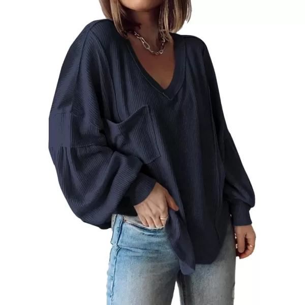 BTFBM Womens Casual V Neck Ribbed Knit Shirts 2024 Fall Pullover Tunic Tops Loose Balloon Long Sleeve Blouses TopSolid Navy