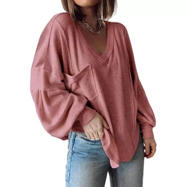 BTFBM Womens Casual V Neck Ribbed Knit Shirts 2024 Fall Pullover Tunic Tops Loose Balloon Long Sleeve Blouses TopSolid Pink
