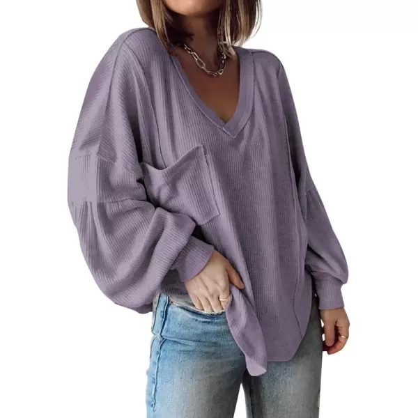 BTFBM Womens Casual V Neck Ribbed Knit Shirts 2024 Fall Pullover Tunic Tops Loose Balloon Long Sleeve Blouses TopSolid Taro Purple
