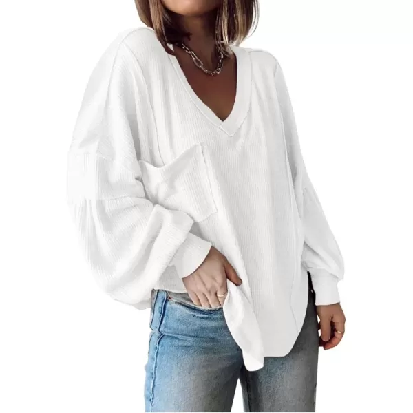 BTFBM Womens Casual V Neck Ribbed Knit Shirts 2024 Fall Pullover Tunic Tops Loose Balloon Long Sleeve Blouses TopSolid White