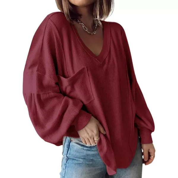 BTFBM Womens Casual V Neck Ribbed Knit Shirts 2024 Fall Pullover Tunic Tops Loose Balloon Long Sleeve Blouses TopSolid Wine Red