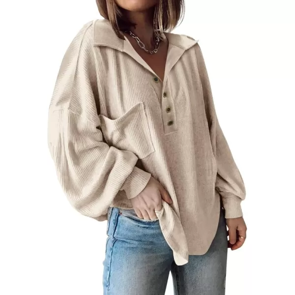 BTFBM Womens Casual V Neck Ribbed Knit Shirts 2024 Fall Pullover Tunic Tops Loose Balloon Long Sleeve Blouses TopTurndown Apricot