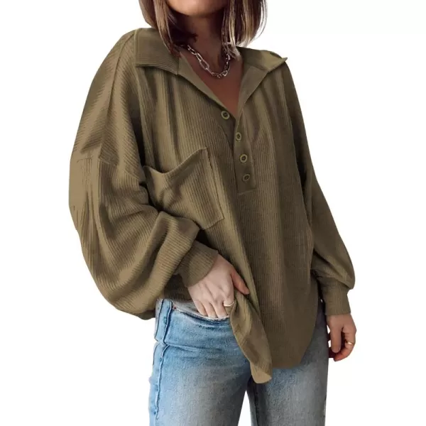 BTFBM Womens Casual V Neck Ribbed Knit Shirts 2024 Fall Pullover Tunic Tops Loose Balloon Long Sleeve Blouses TopTurndown Army Green
