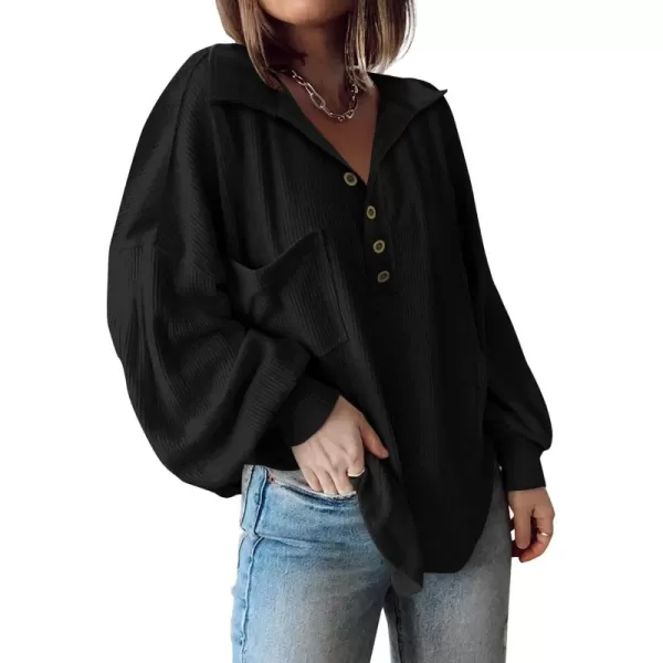 BTFBM Womens Casual V Neck Ribbed Knit Shirts 2024 Fall Pullover Tunic Tops Loose Balloon Long Sleeve Blouses TopTurndown Black