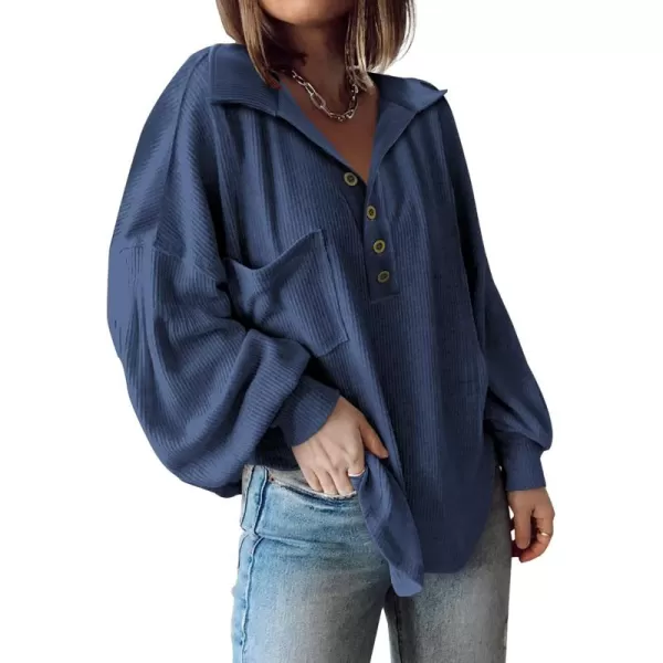 BTFBM Womens Casual V Neck Ribbed Knit Shirts 2024 Fall Pullover Tunic Tops Loose Balloon Long Sleeve Blouses TopTurndown Blue
