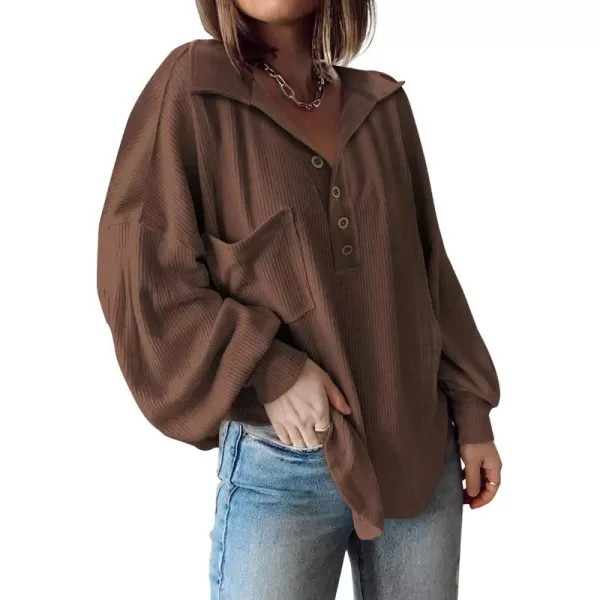 BTFBM Womens Casual V Neck Ribbed Knit Shirts 2024 Fall Pullover Tunic Tops Loose Balloon Long Sleeve Blouses TopTurndown Caramel