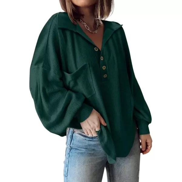 BTFBM Womens Casual V Neck Ribbed Knit Shirts 2024 Fall Pullover Tunic Tops Loose Balloon Long Sleeve Blouses TopTurndown Dark Green