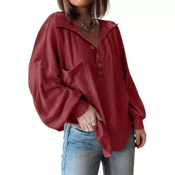 BTFBM Womens Casual V Neck Ribbed Knit Shirts 2024 Fall Pullover Tunic Tops Loose Balloon Long Sleeve Blouses TopTurndown Wine Red