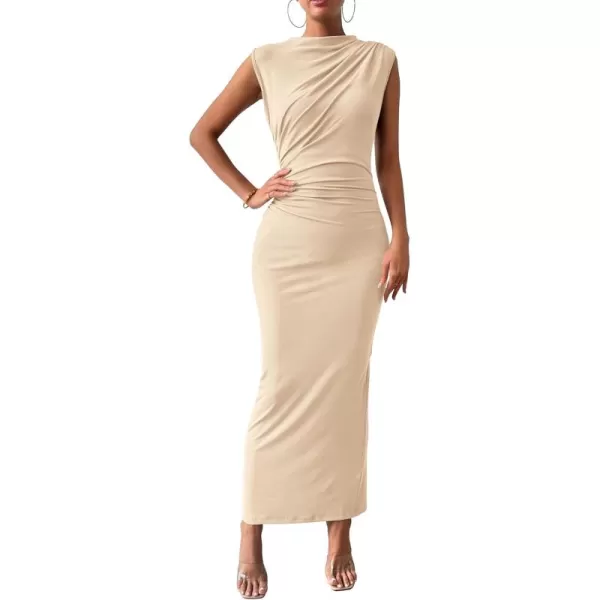 BTFBM Womens Ruched Bodycon Dress Summer Casual Sleeveless Back Slit Elegant Club Evening Party Cocktail Maxi DressesSolid Beige