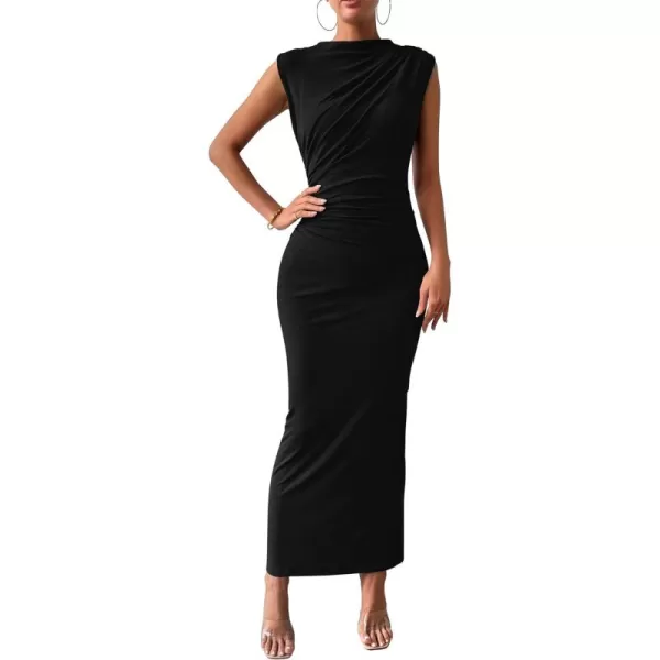 BTFBM Womens Ruched Bodycon Dress Summer Casual Sleeveless Back Slit Elegant Club Evening Party Cocktail Maxi DressesSolid Black