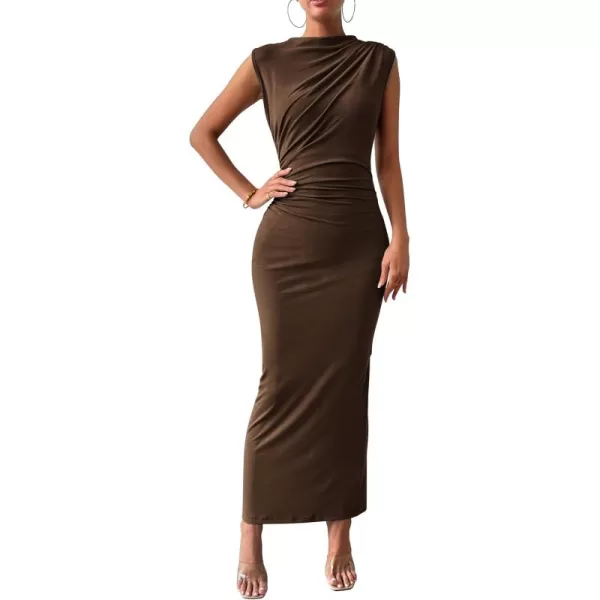 BTFBM Womens Ruched Bodycon Dress Summer Casual Sleeveless Back Slit Elegant Club Evening Party Cocktail Maxi DressesSolid Coffee