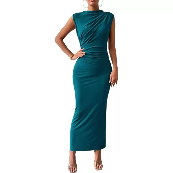 BTFBM Womens Ruched Bodycon Dress Summer Casual Sleeveless Back Slit Elegant Club Evening Party Cocktail Maxi DressesSolid Dark Blue