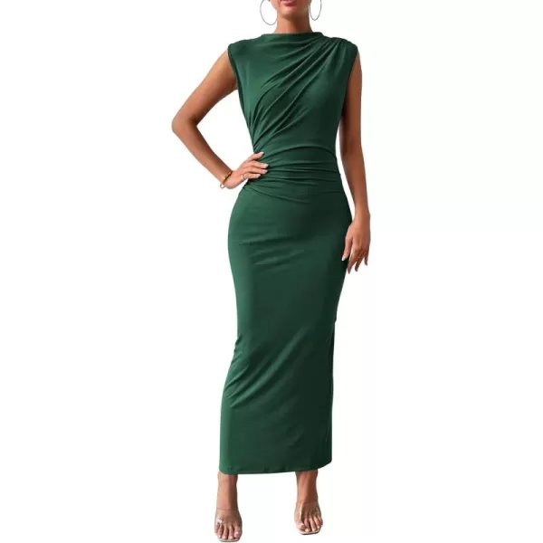 BTFBM Womens Ruched Bodycon Dress Summer Casual Sleeveless Back Slit Elegant Club Evening Party Cocktail Maxi DressesSolid Dark Green