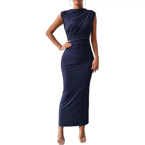 BTFBM Womens Ruched Bodycon Dress Summer Casual Sleeveless Back Slit Elegant Club Evening Party Cocktail Maxi DressesSolid Navy