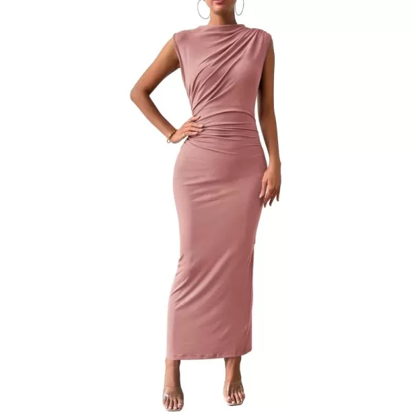 BTFBM Womens Ruched Bodycon Dress Summer Casual Sleeveless Back Slit Elegant Club Evening Party Cocktail Maxi DressesSolid Pink