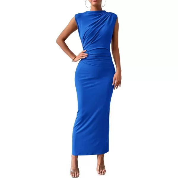 BTFBM Womens Ruched Bodycon Dress Summer Casual Sleeveless Back Slit Elegant Club Evening Party Cocktail Maxi DressesSolid Royal Blue