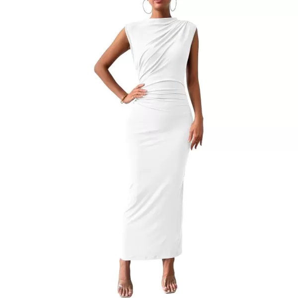 BTFBM Womens Ruched Bodycon Dress Summer Casual Sleeveless Back Slit Elegant Club Evening Party Cocktail Maxi DressesSolid White