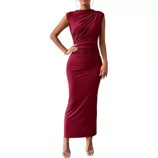 BTFBM Womens Ruched Bodycon Dress Summer Casual Sleeveless Back Slit Elegant Club Evening Party Cocktail Maxi DressesSolid Wine Red