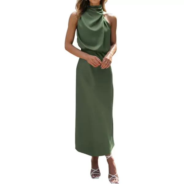 BTFBM Womens Sleeveless Cocktail Dresses Mock Neck Keyhole Elastic High Waist Wedding Guest Evening Party Maxi DressSolid Army Green