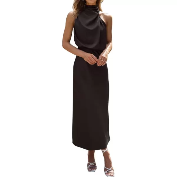 BTFBM Womens Sleeveless Cocktail Dresses Mock Neck Keyhole Elastic High Waist Wedding Guest Evening Party Maxi DressSolid Black