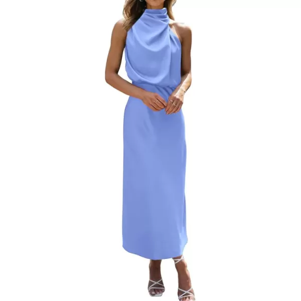 BTFBM Womens Sleeveless Cocktail Dresses Mock Neck Keyhole Elastic High Waist Wedding Guest Evening Party Maxi DressSolid Blue