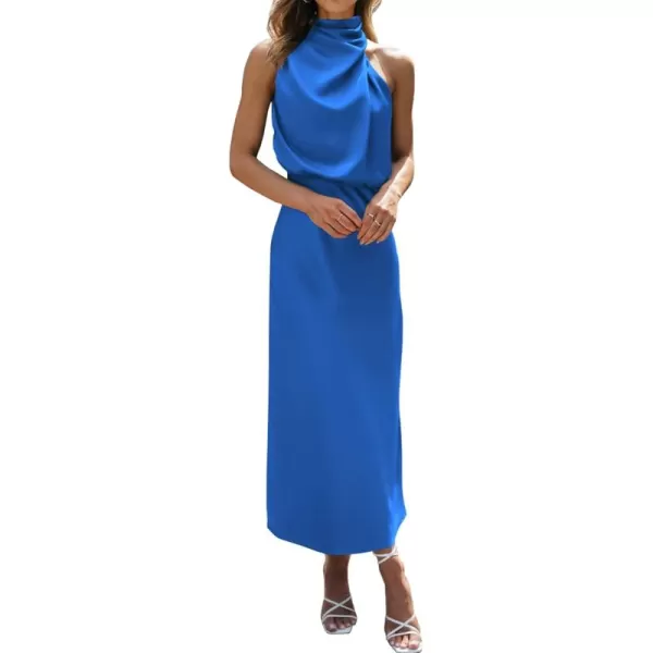 BTFBM Womens Sleeveless Cocktail Dresses Mock Neck Keyhole Elastic High Waist Wedding Guest Evening Party Maxi DressSolid Brilliant Blue
