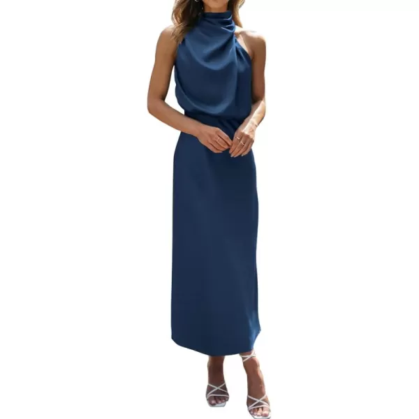 BTFBM Womens Sleeveless Cocktail Dresses Mock Neck Keyhole Elastic High Waist Wedding Guest Evening Party Maxi DressSolid Dark Blue