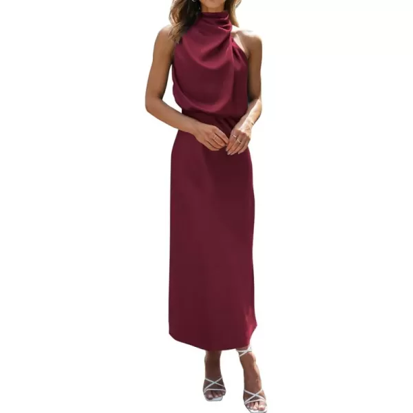 BTFBM Womens Sleeveless Cocktail Dresses Mock Neck Keyhole Elastic High Waist Wedding Guest Evening Party Maxi DressSolid Deep Red