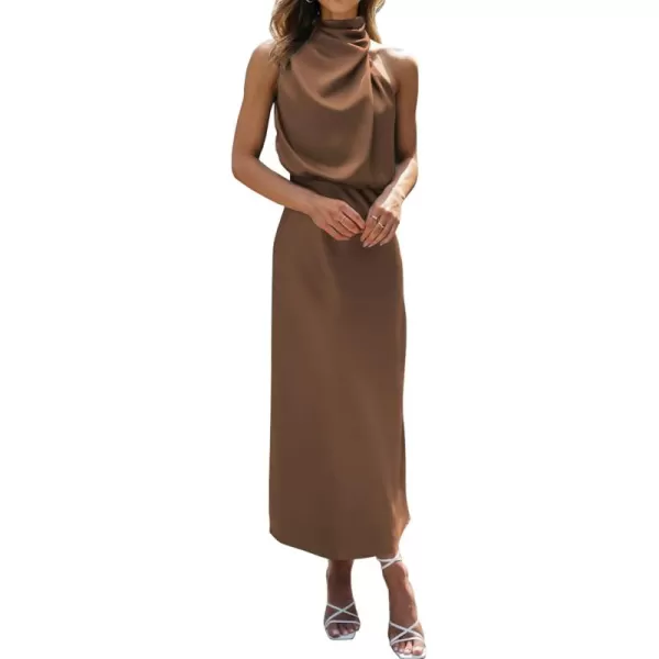 BTFBM Womens Sleeveless Cocktail Dresses Mock Neck Keyhole Elastic High Waist Wedding Guest Evening Party Maxi DressSolid Khaki