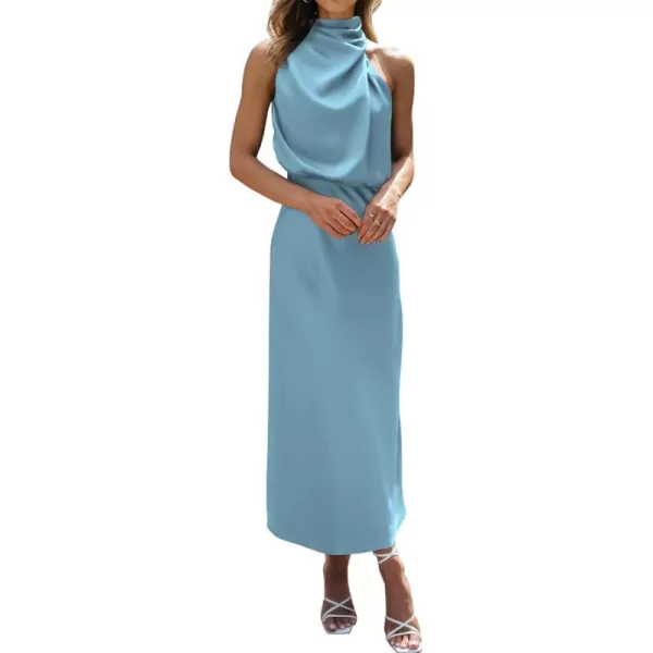 BTFBM Womens Sleeveless Cocktail Dresses Mock Neck Keyhole Elastic High Waist Wedding Guest Evening Party Maxi DressSolid Light Blue