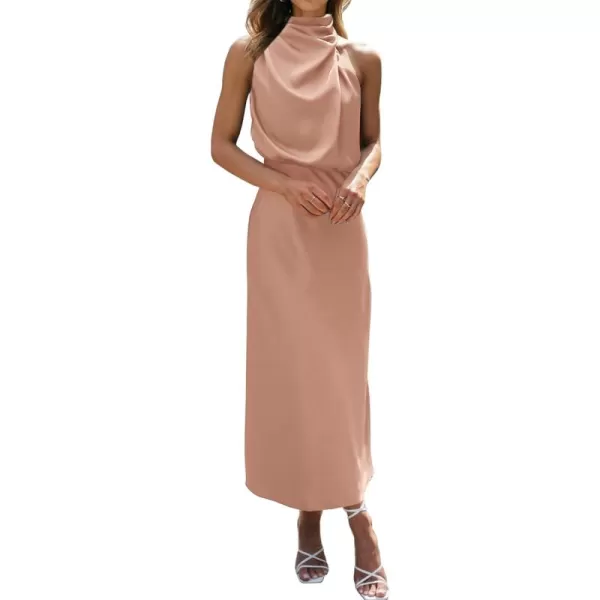 BTFBM Womens Sleeveless Cocktail Dresses Mock Neck Keyhole Elastic High Waist Wedding Guest Evening Party Maxi DressSolid Light Khaki