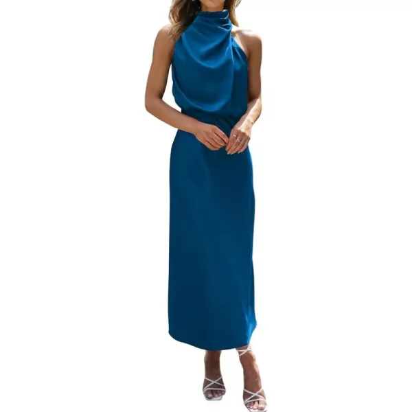 BTFBM Womens Sleeveless Cocktail Dresses Mock Neck Keyhole Elastic High Waist Wedding Guest Evening Party Maxi DressSolid Navy