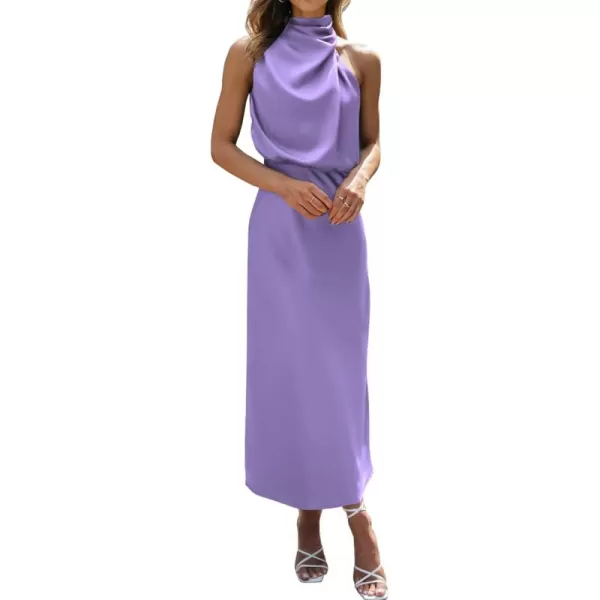 BTFBM Womens Sleeveless Cocktail Dresses Mock Neck Keyhole Elastic High Waist Wedding Guest Evening Party Maxi DressSolid Purple