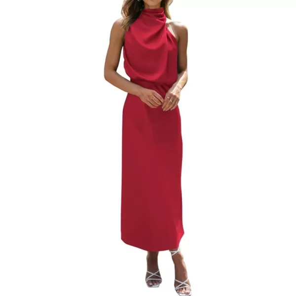 BTFBM Womens Sleeveless Cocktail Dresses Mock Neck Keyhole Elastic High Waist Wedding Guest Evening Party Maxi DressSolid Red