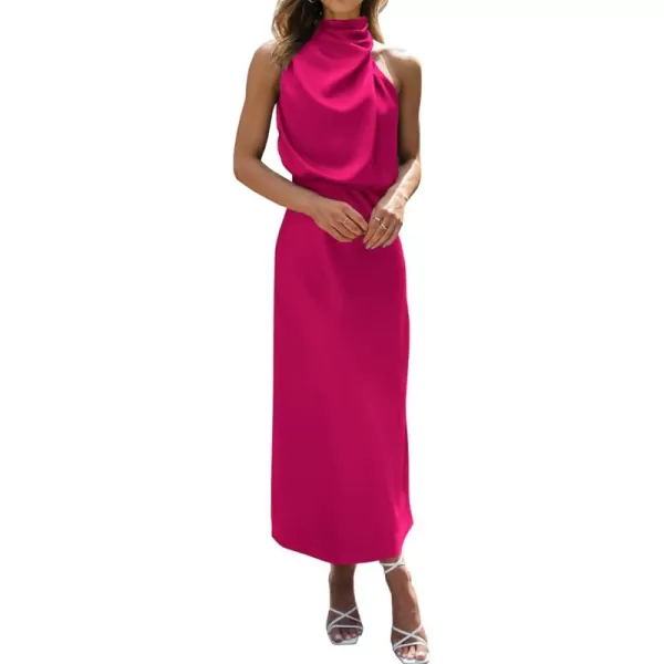 BTFBM Womens Sleeveless Cocktail Dresses Mock Neck Keyhole Elastic High Waist Wedding Guest Evening Party Maxi DressSolid Rose Red