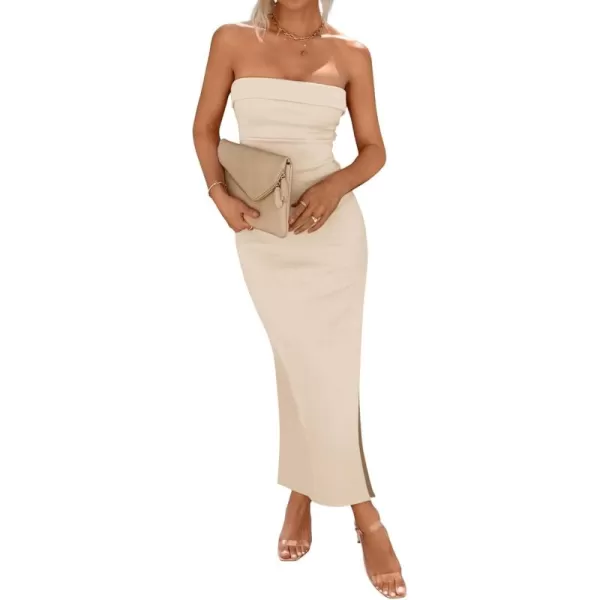 BTFBM Womens Strapless Tube Dress 2024 Summer Knit Backless Slit Formal Bodycon Wedding Cocktail Party Maxi DressesSolid Beige