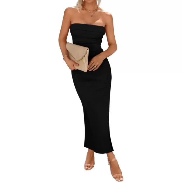 BTFBM Womens Strapless Tube Dress 2024 Summer Knit Backless Slit Formal Bodycon Wedding Cocktail Party Maxi DressesSolid Black