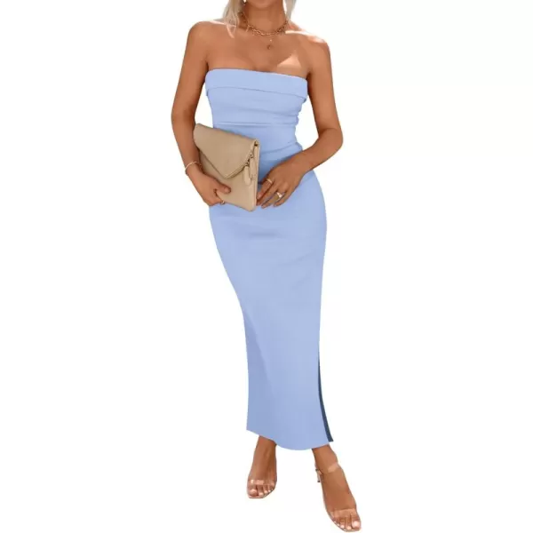 BTFBM Womens Strapless Tube Dress 2024 Summer Knit Backless Slit Formal Bodycon Wedding Cocktail Party Maxi DressesSolid Light Blue