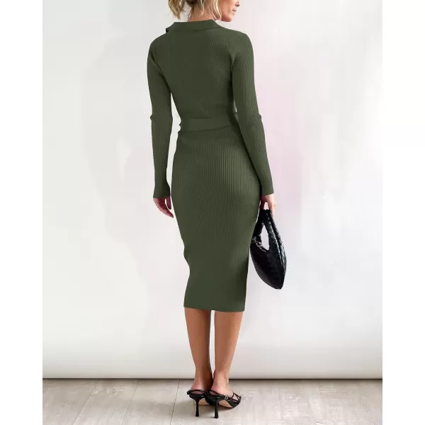 BTFBM 2024 Women V Neck Long Sleeve Bodycon Sweater Dress Button Up Tie Waist Ribbed Knit Midi Pencil Dresses with BeltSolid Army Green