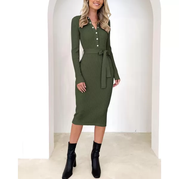 BTFBM 2024 Women V Neck Long Sleeve Bodycon Sweater Dress Button Up Tie Waist Ribbed Knit Midi Pencil Dresses with BeltSolid Army Green