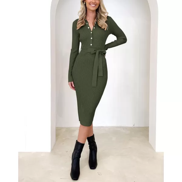 BTFBM 2024 Women V Neck Long Sleeve Bodycon Sweater Dress Button Up Tie Waist Ribbed Knit Midi Pencil Dresses with BeltSolid Army Green