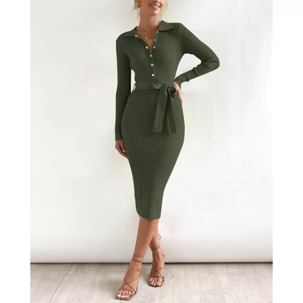 BTFBM 2024 Women V Neck Long Sleeve Bodycon Sweater Dress Button Up Tie Waist Ribbed Knit Midi Pencil Dresses with BeltSolid Army Green