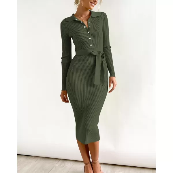 BTFBM 2024 Women V Neck Long Sleeve Bodycon Sweater Dress Button Up Tie Waist Ribbed Knit Midi Pencil Dresses with BeltSolid Army Green