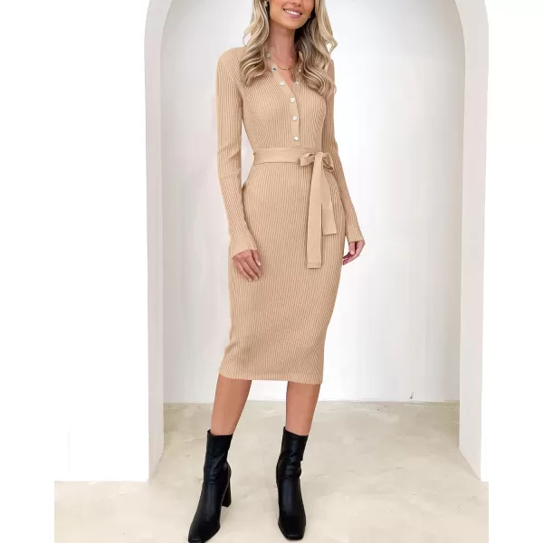 BTFBM 2024 Women V Neck Long Sleeve Bodycon Sweater Dress Button Up Tie Waist Ribbed Knit Midi Pencil Dresses with BeltSolid Beige
