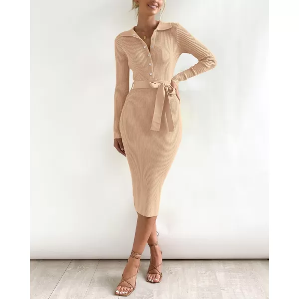 BTFBM 2024 Women V Neck Long Sleeve Bodycon Sweater Dress Button Up Tie Waist Ribbed Knit Midi Pencil Dresses with BeltSolid Beige