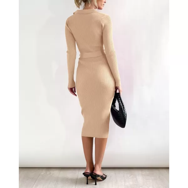 BTFBM 2024 Women V Neck Long Sleeve Bodycon Sweater Dress Button Up Tie Waist Ribbed Knit Midi Pencil Dresses with BeltSolid Beige