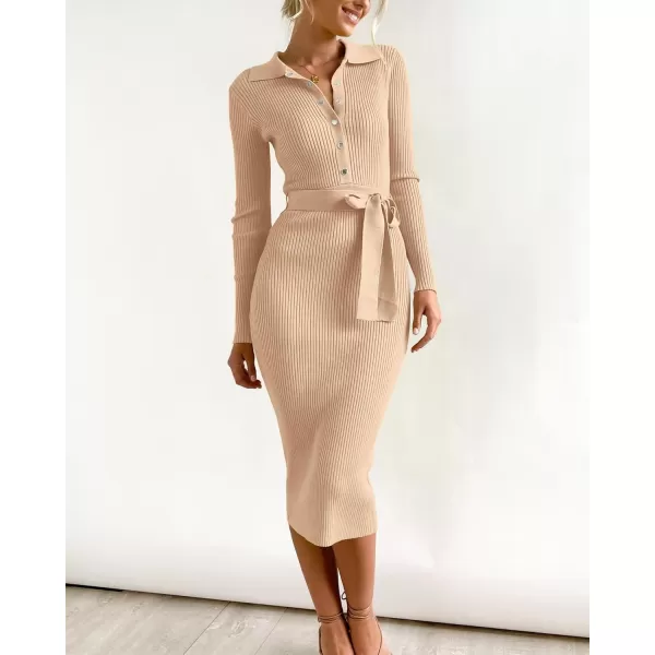 BTFBM 2024 Women V Neck Long Sleeve Bodycon Sweater Dress Button Up Tie Waist Ribbed Knit Midi Pencil Dresses with BeltSolid Beige